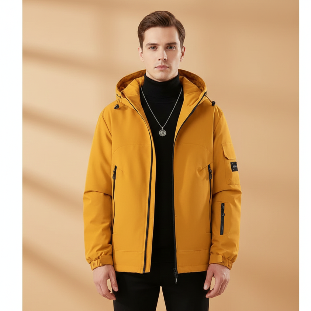 Warm men's hooded ski jacket. Insulated for cold weather skiing, snow sports, and outdoor adventures.