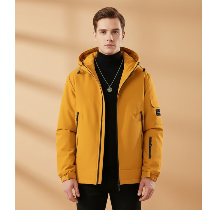 Warm men's hooded ski jacket. Insulated for cold weather skiing, snow sports, and outdoor adventures.