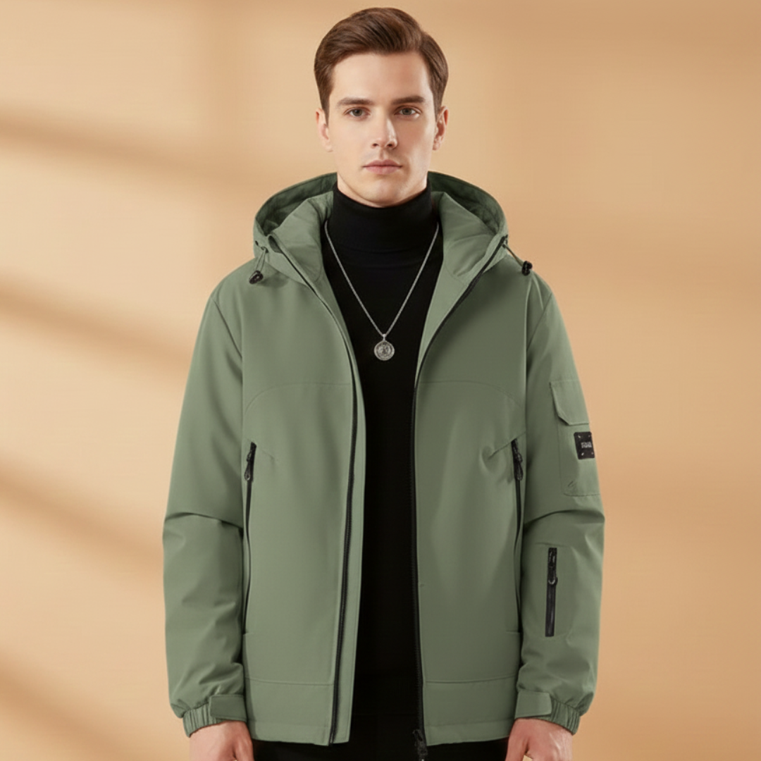 High-performance men's insulated ski jacket with a protective hood. Essential cold weather outerwear.