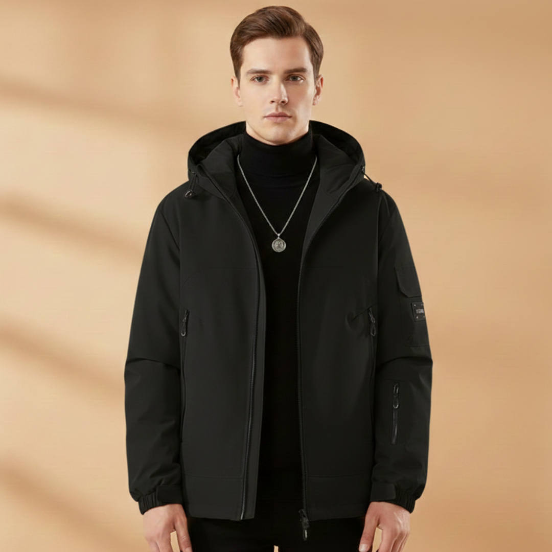 Rugged men's insulated ski jacket with hood. Durable outdoor gear for cold weather, skiing & alpine adventures.