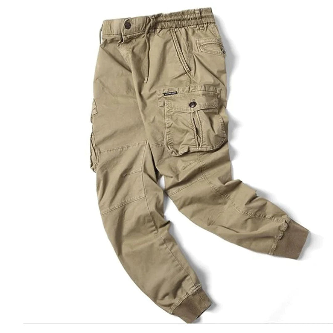 Green men's utility cargo pants, stretch fit with multi-pockets, perfect for casual & active wear.
