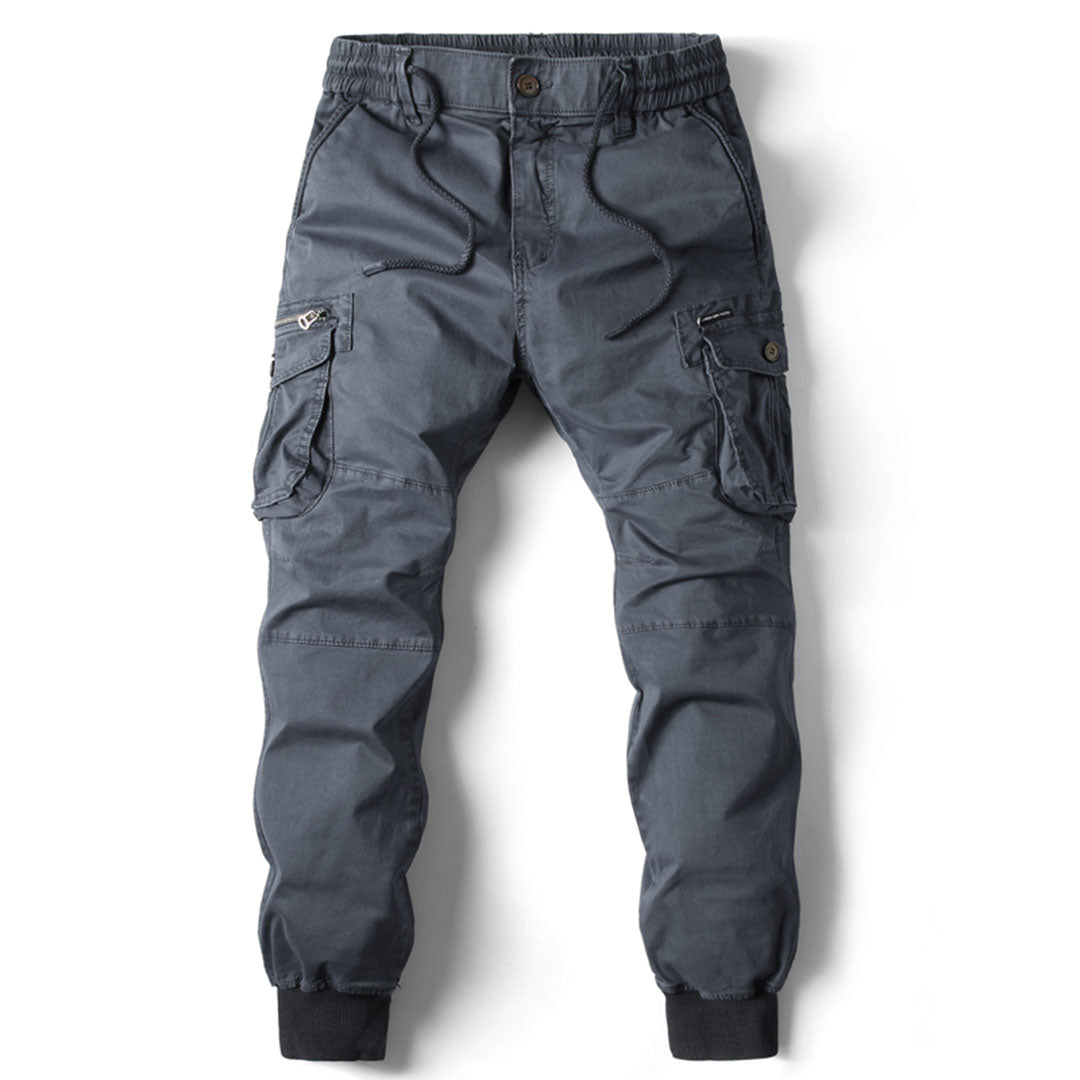 Khaki men's multi-pocket stretch fit cargo pants, durable and comfortable for everyday utility.