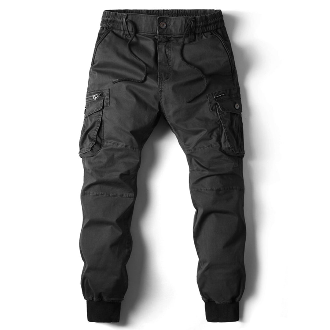 Black men's stretch fit utility cargo pants, comfortable & durable with multi-pockets for versatile wear.