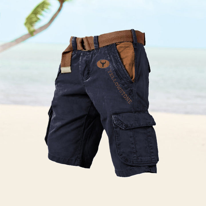Functional men's utility shorts, knee-length design with ample multi-pockets for storage. Casual outdoor wear.