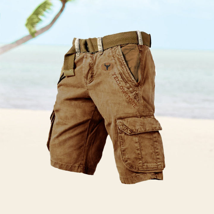 Men's knee-length multi-pocket cargo shorts. Comfortable relaxed fit for summer casual and outdoor wear.