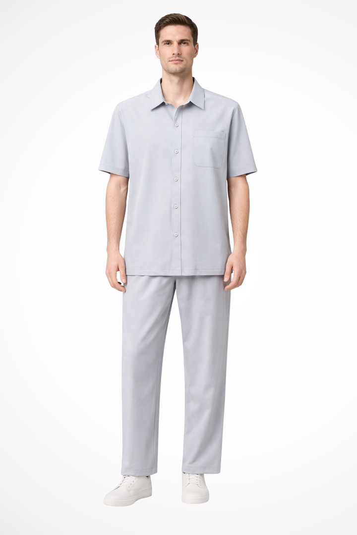 Men's elastic waist casual trousers, part of a comfortable two-piece set with a lapel short sleeve shirt.