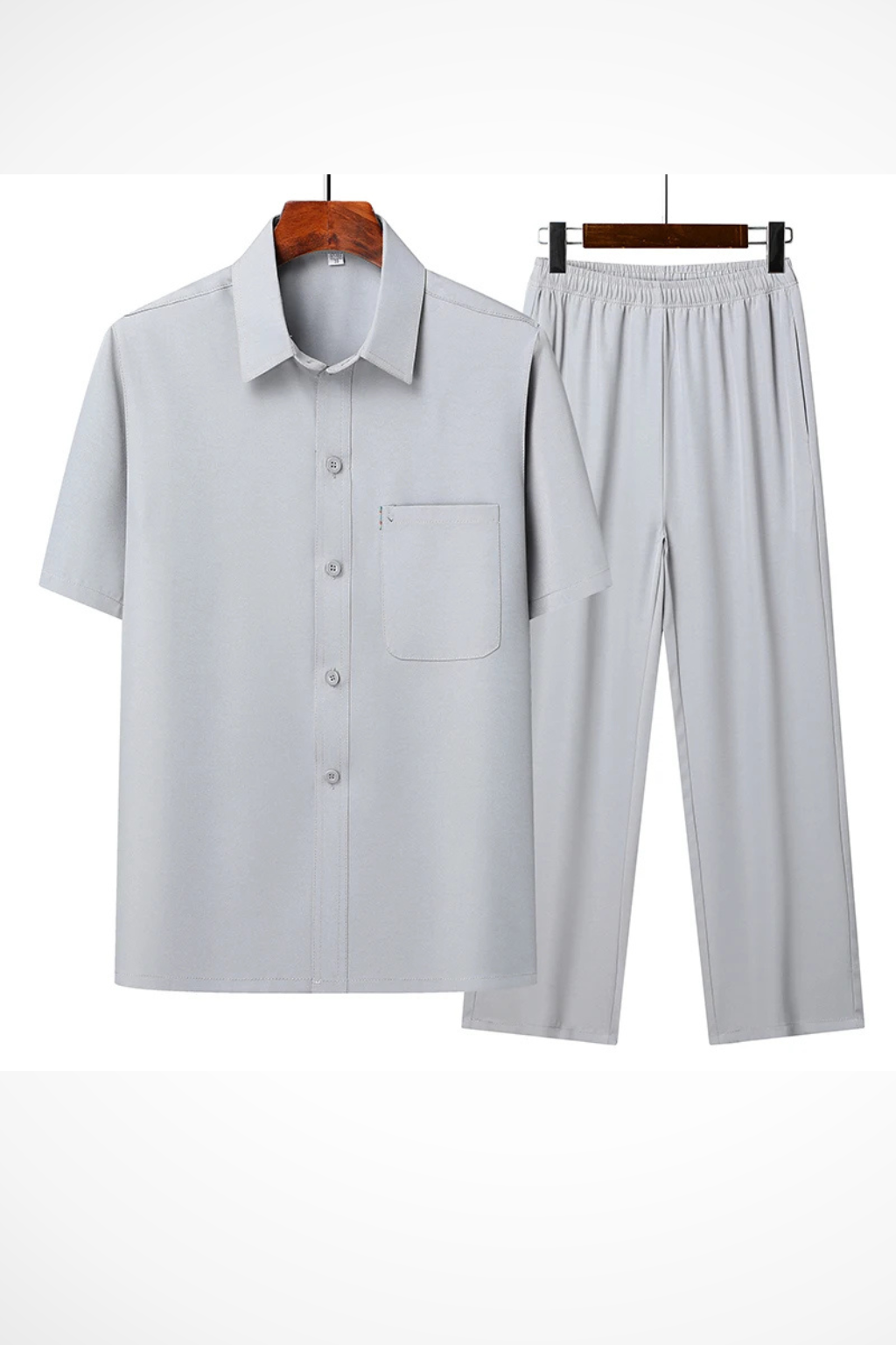 Comfortable men's loungewear set: short sleeve lapel shirt & elastic waist trousers, ideal for relaxation.