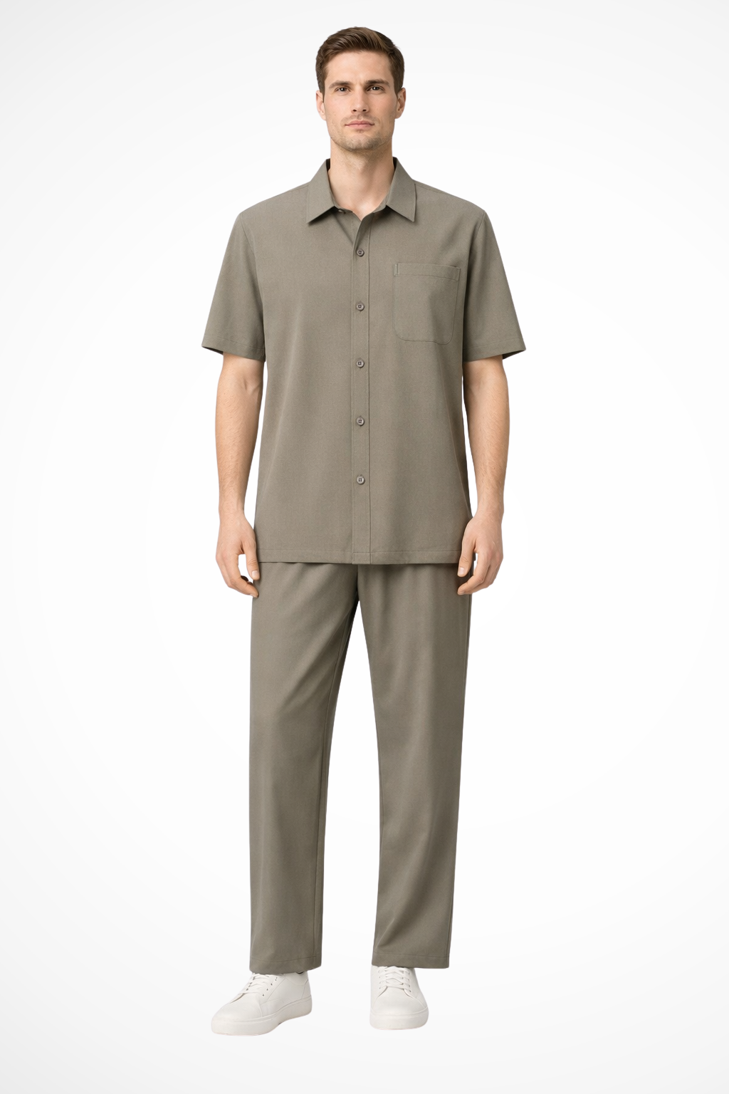 Stylish men's coordinated two-piece set featuring a lapel short sleeve shirt and elastic waist trousers.