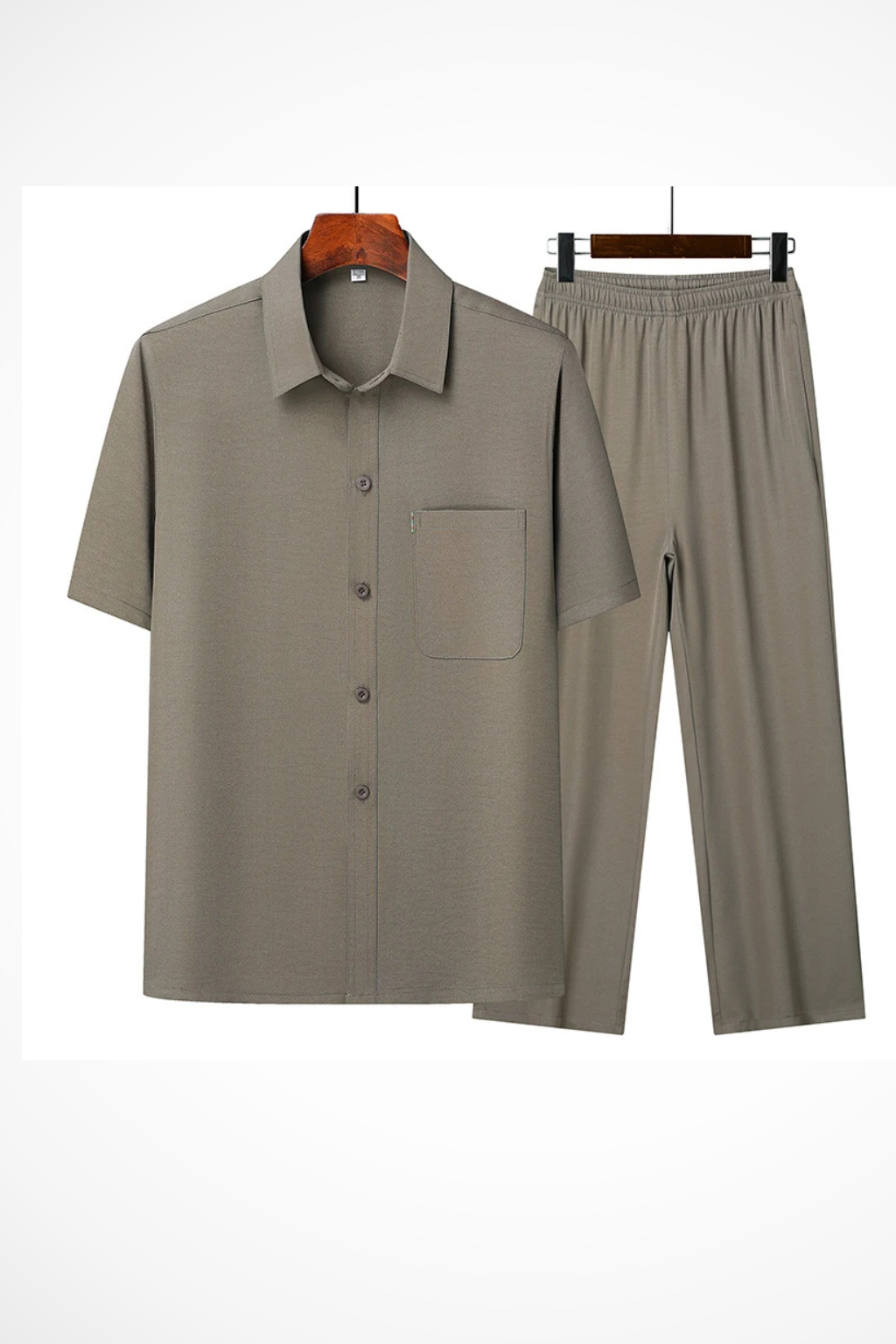 Close-up of men's lapel short sleeve button shirt, part of a trendy casual trouser set.