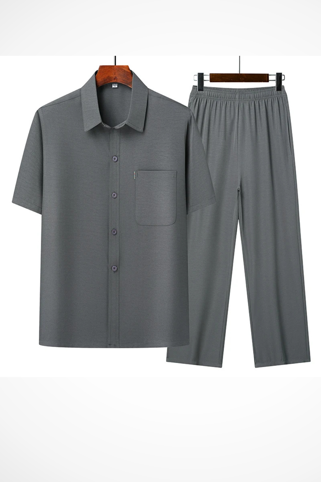 Men's fashion two-piece set: short sleeve lapel shirt and elastic waist trousers, perfect casual outfit.