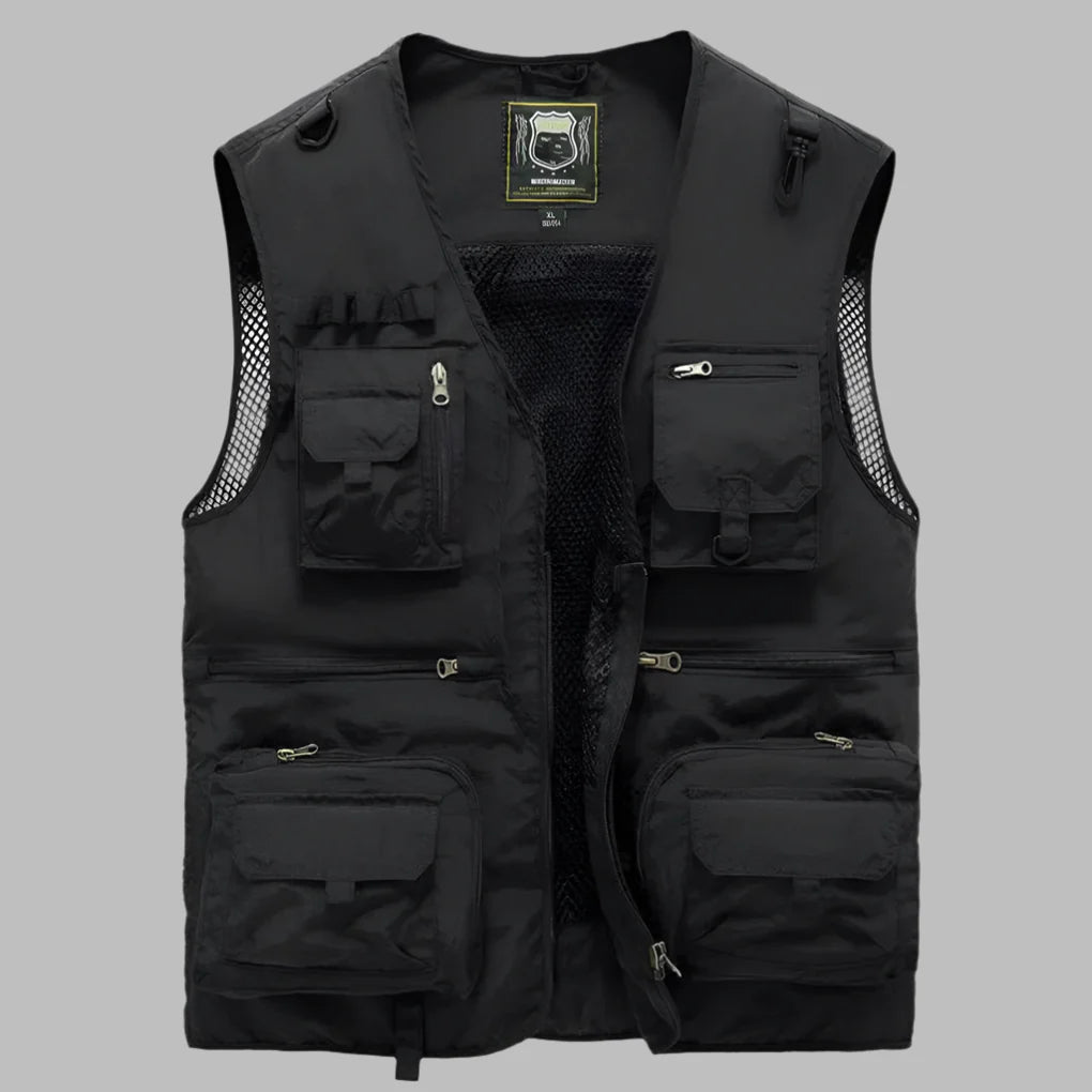 Men's utility travel vest, multi-pocket design, lightweight & breathable for outdoor adventures.