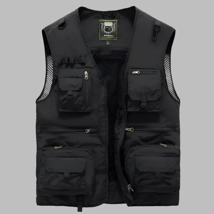 Men's utility travel vest, multi-pocket design, lightweight & breathable for outdoor adventures.