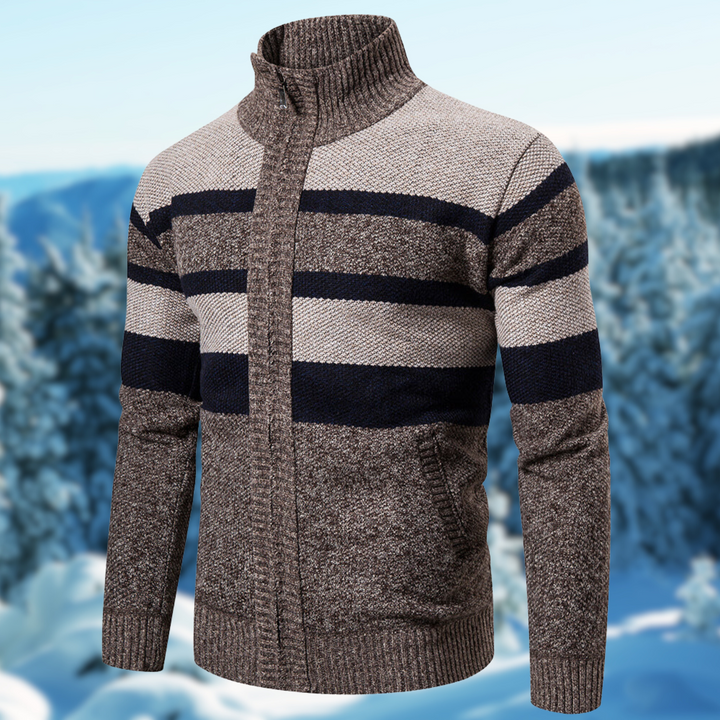Stylish men's striped sweater, a versatile lightweight knitwear perfect for layering and transitional fashion.