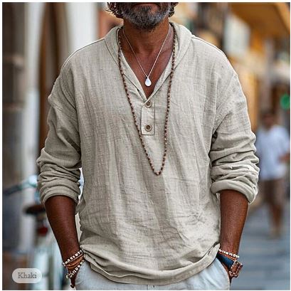 Men's lightweight V-neck long sleeve casual shirt, ideal for everyday wear, comfortable & breathable summer style.