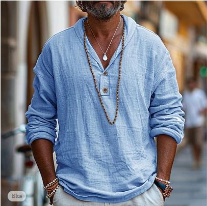 Relaxed fit men's casual long sleeve V-neck shirt, lightweight and versatile for everyday and summer wear.