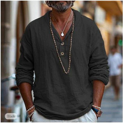 Breathable men's V-neck long sleeve shirt, comfortable lightweight fabric for casual everyday and summer wear.
