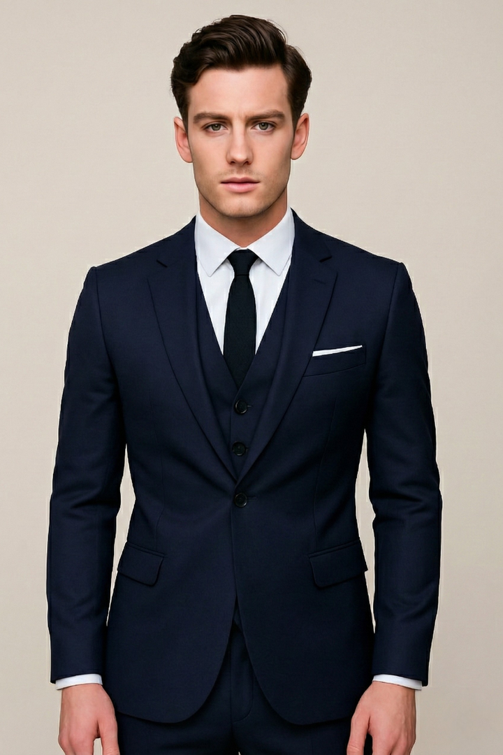 Men's Logan spring formal three-piece suit, tailored for weddings & business. Complete formal wear.