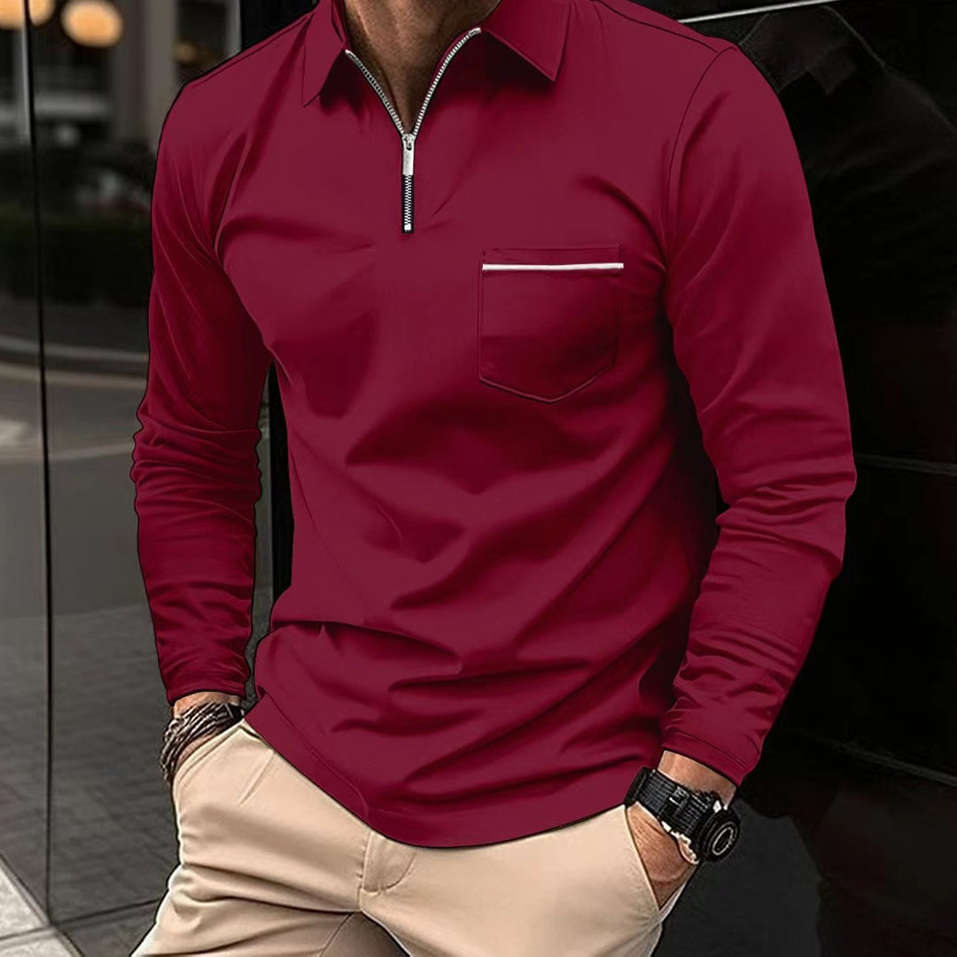 Full-length view of a men's long sleeve polo shirt, offering stylish comfort for autumn and winter wear.