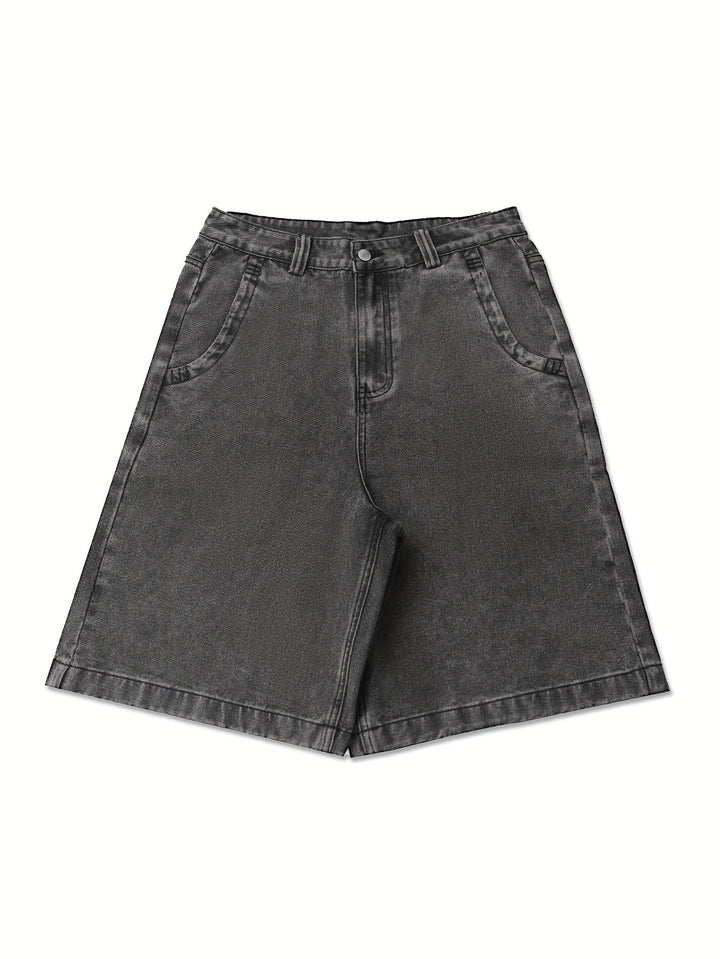 Comfortable men's knee-length floral embroidered Bermuda shorts. Loose fit denim for summer.