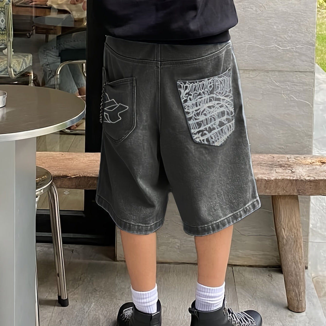 Casual men's loose fit denim Bermuda shorts, knee-length, adorned with beautiful floral embroidery.