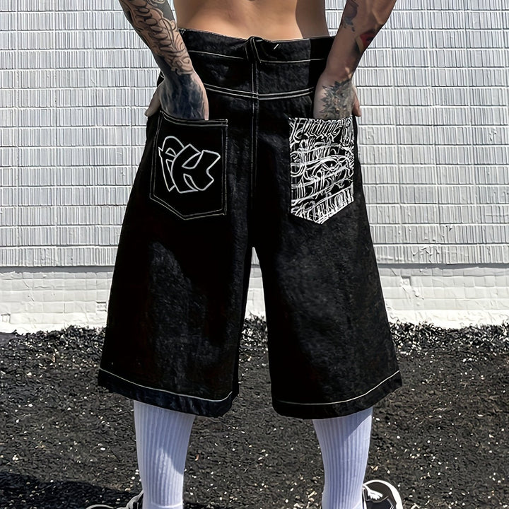 Summer men's floral embroidered loose fit denim shorts. Bermuda style, perfect for everyday comfort.