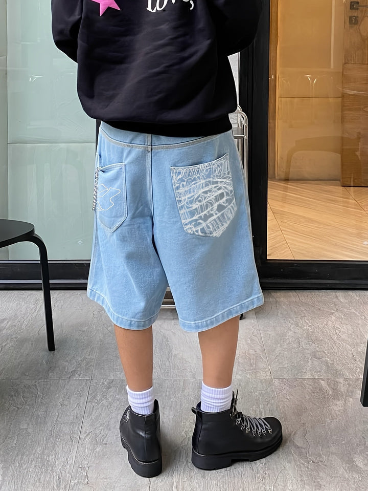 Casual men's knee-length Bermuda shorts, loose fit denim, featuring vibrant floral embroidery.