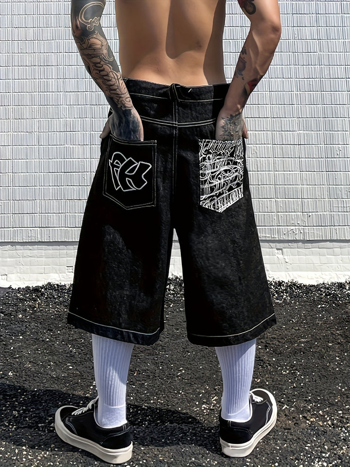 Men's summer loose fit denim Bermuda shorts. Knee-length with elegant floral embroidery.