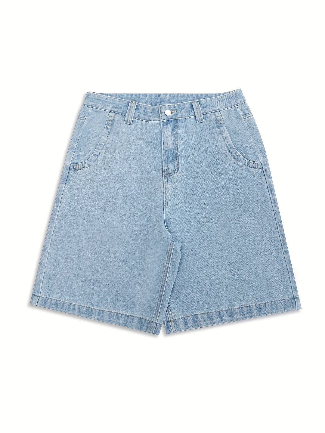 Trendy men's loose fit denim shorts, Bermuda length, with eye-catching floral embroidery.