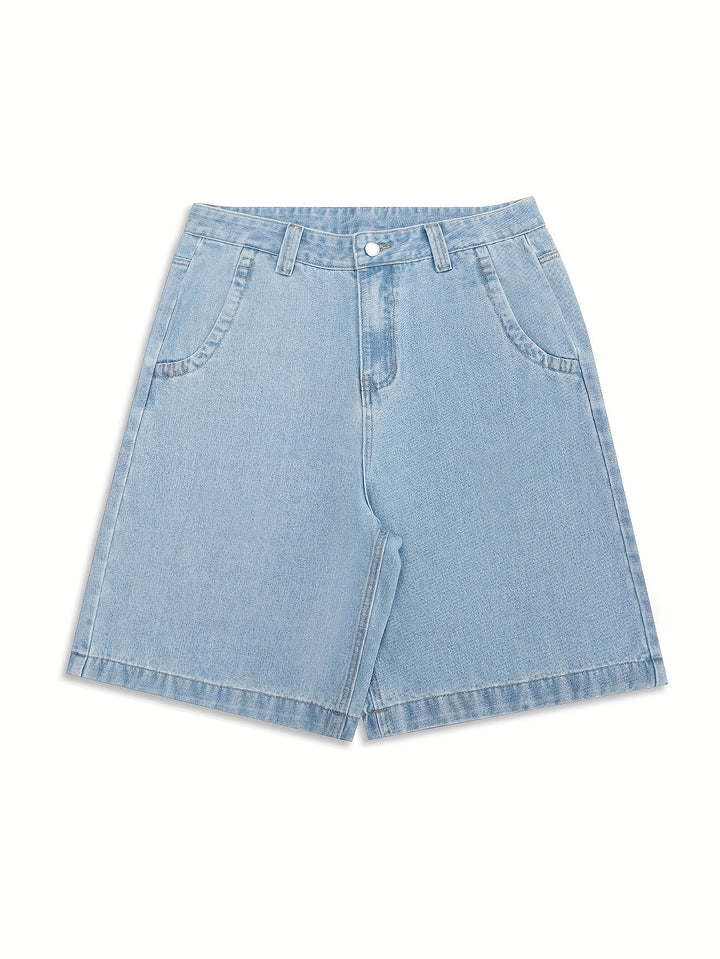 Trendy men's loose fit denim shorts, Bermuda length, with eye-catching floral embroidery.