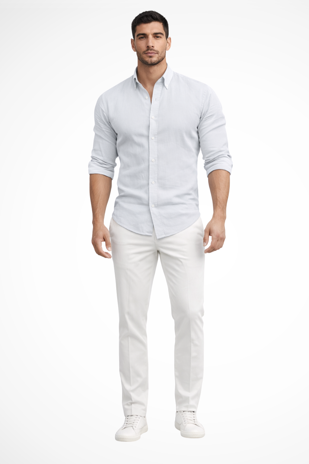 Detailed look at the fabric and button front of a men's loose fit long sleeve casual shirt.