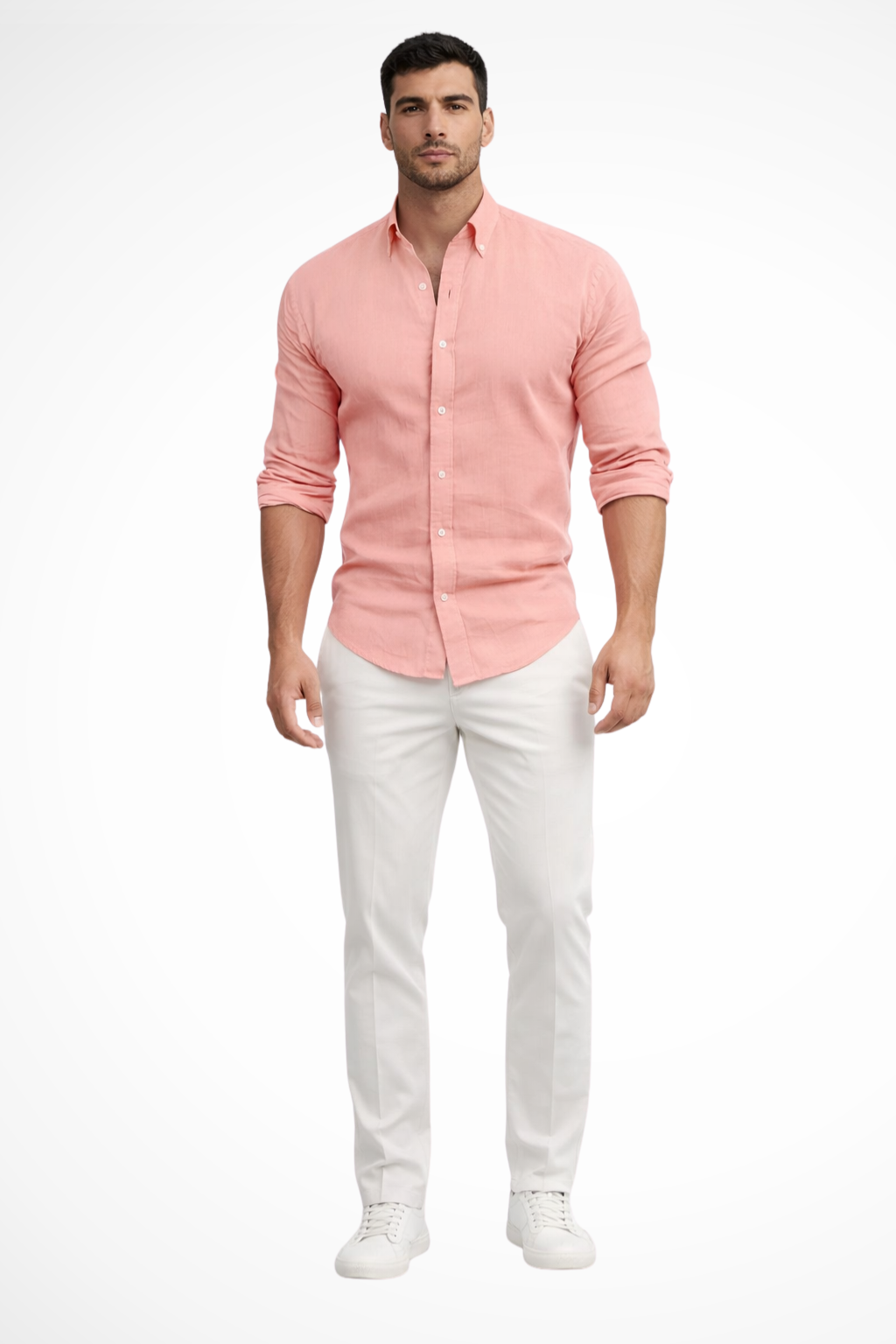 Close-up of the lapel collar on a men's casual long sleeve, loose fit button-front shirt.