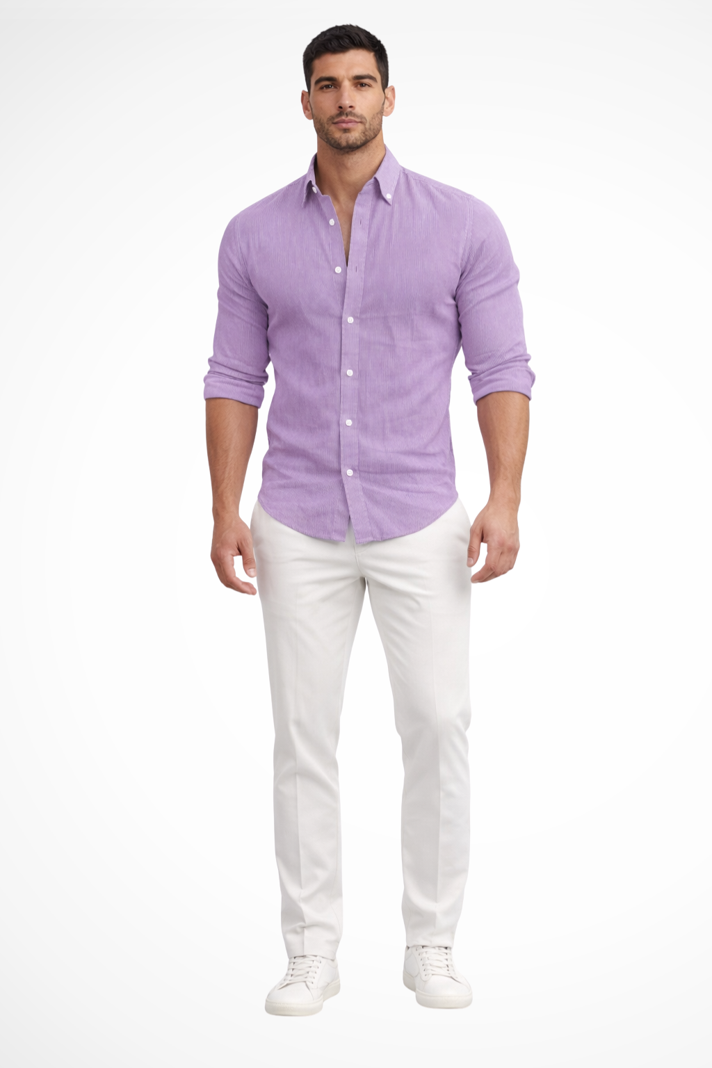 Model wearing a men's loose fit long sleeve casual shirt, showing its comfortable and relaxed style.