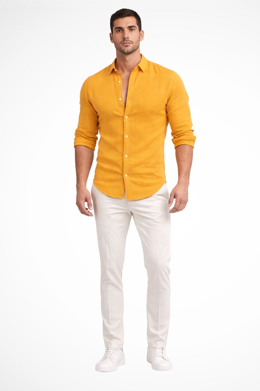 Front view of a men's long sleeve lapel shirt, designed for a loose, comfortable fit and casual wear.