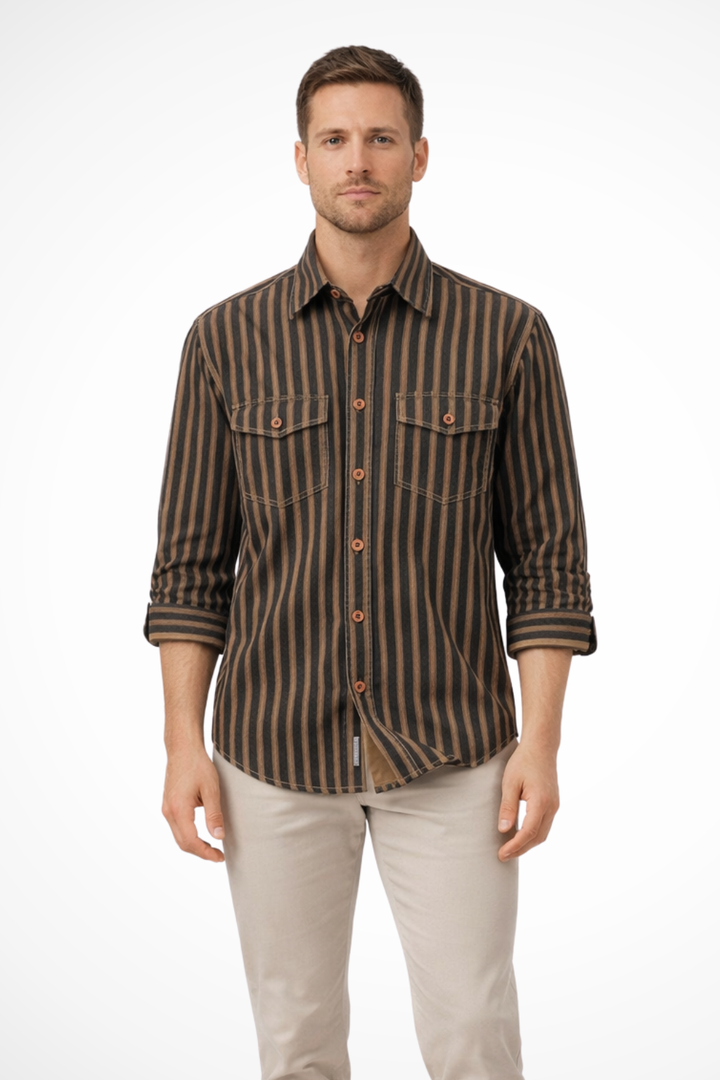 Men's loose fit long sleeve striped button-down shirt. Casual and comfortable menswear for everyday wear.