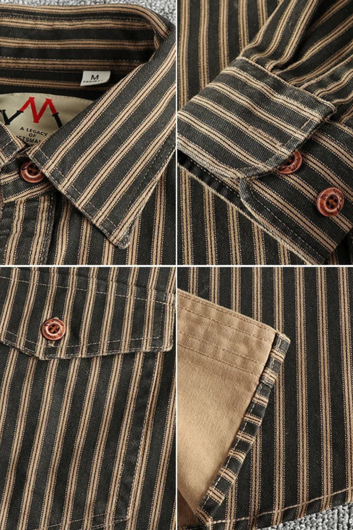 Comfortable men's loose fit striped long sleeve collared button-down shirt. Casual and versatile menswear.
