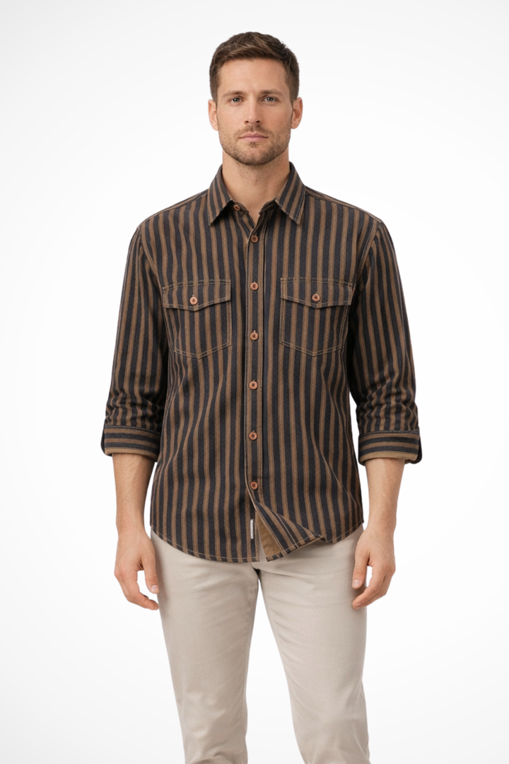 Men's collared striped long sleeve button-down shirt. Loose fit, casual, and fashionable for everyday occasions.
