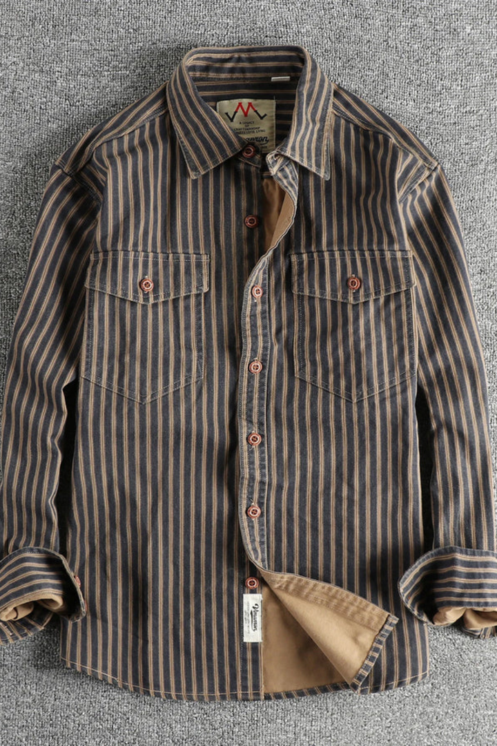 Fashionable men's striped long sleeve shirt with button-down collar. Relaxed fit for versatile casual wear.