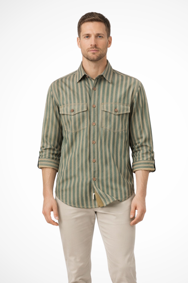 Versatile men's loose fit striped long sleeve shirt. Casual button-down, great for everyday menswear fashion.