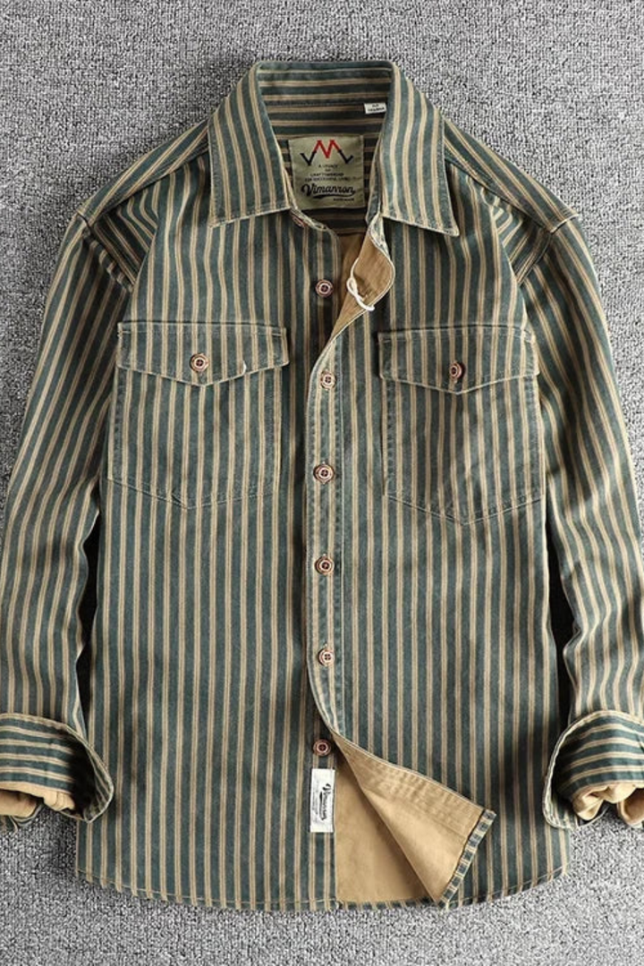 Stylish men's striped long sleeve casual shirt, loose fit button-down. Comfortable and modern everyday menswear.