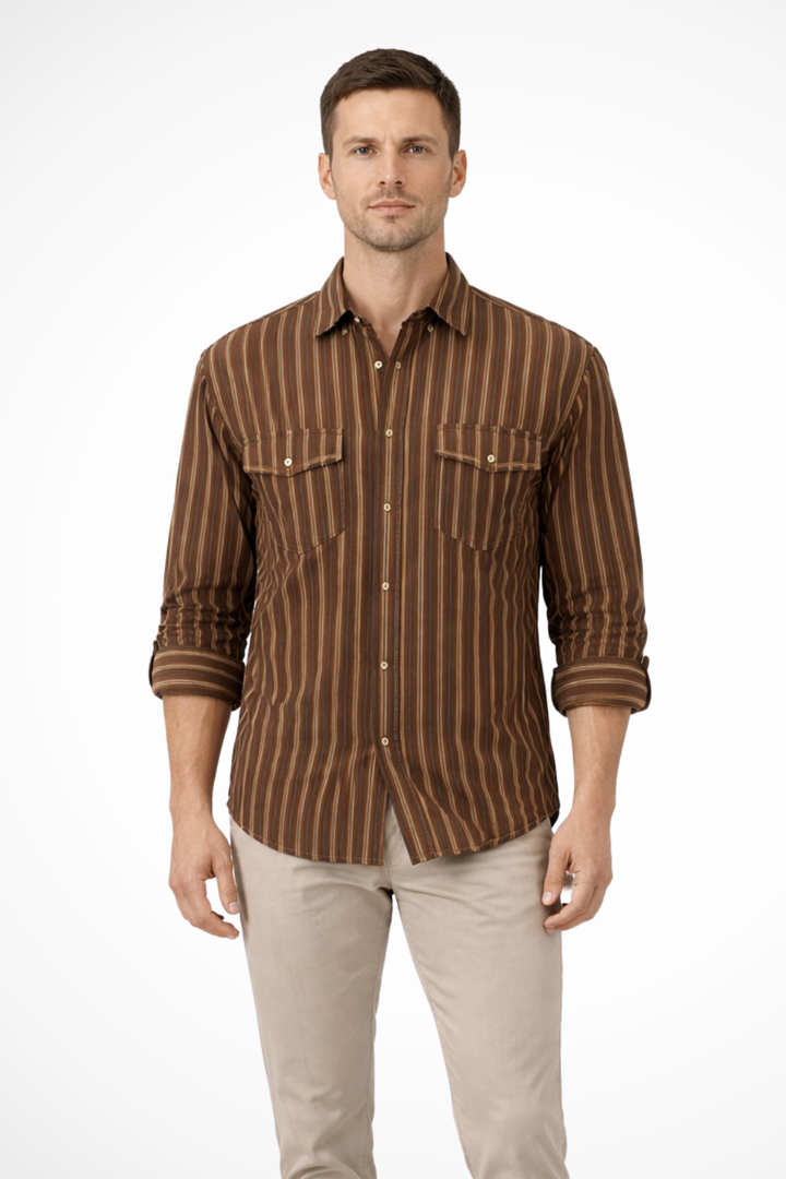Men's long sleeve striped button-down shirt, loose fit. Casual, comfortable, and versatile menswear blouse.