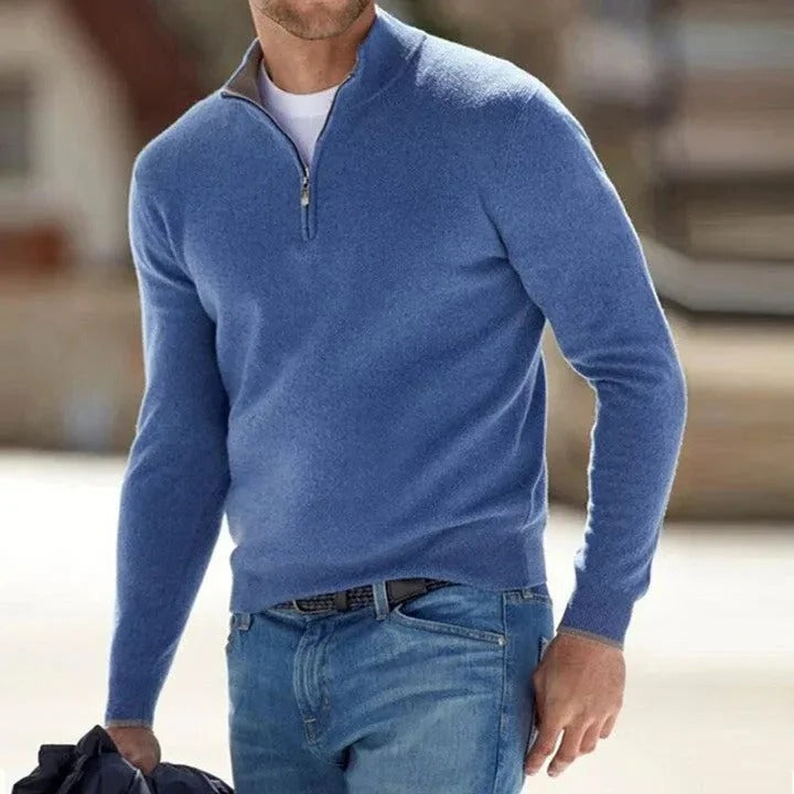 Elegant men's cashmere long-sleeve pullover, soft and luxurious winter apparel.