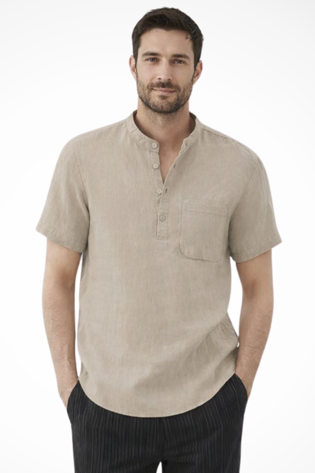 Men's modern band collar short sleeve shirt in white. Ideal for casual summer style & warm weather.