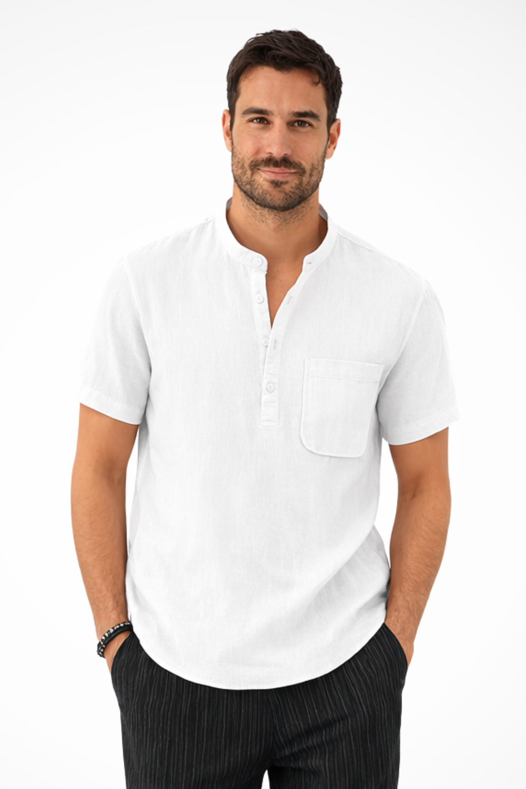 Men's white band collar short sleeve shirt, a modern button-down for warm weather & everyday style.
