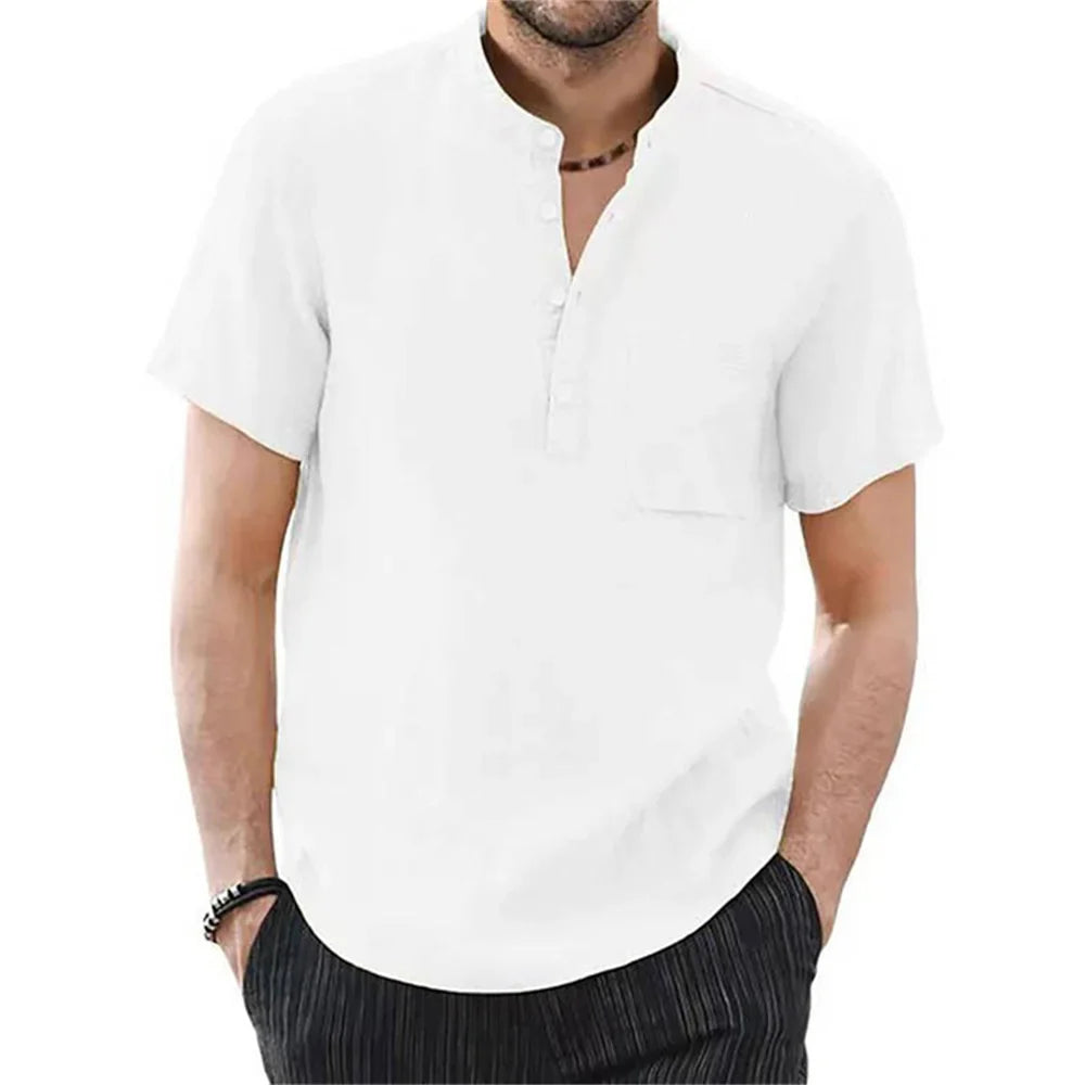 Smart casual blue men's short sleeve shirt with a band collar. Relaxed fit for summer comfort.