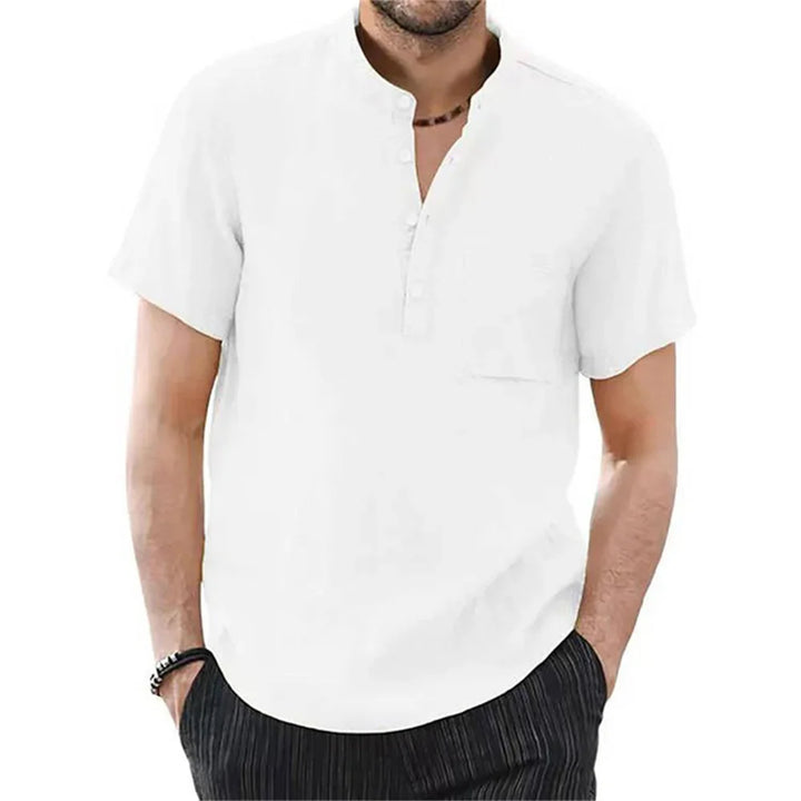 Smart casual blue men's short sleeve shirt with a band collar. Relaxed fit for summer comfort.
