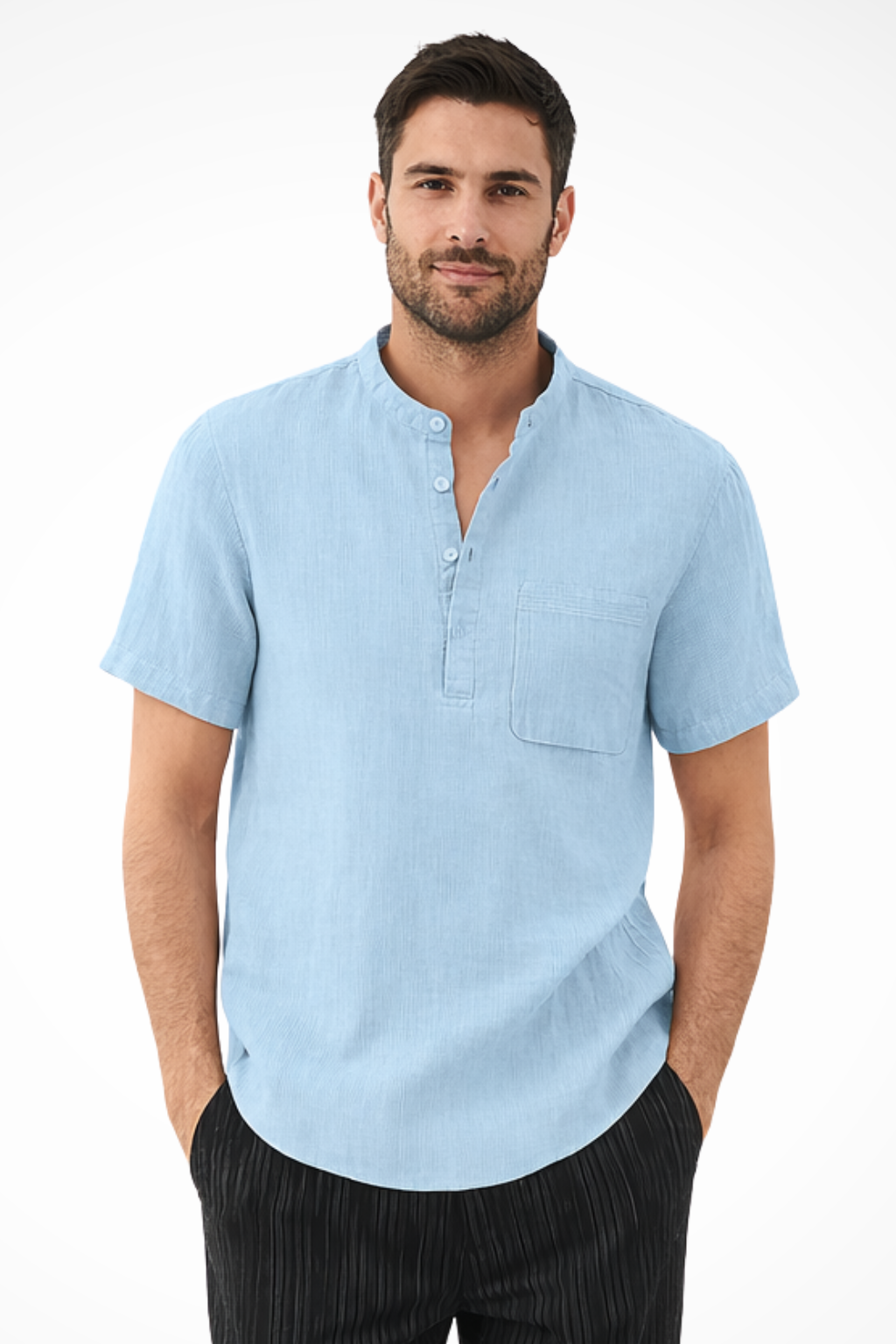 Modern men's green short sleeve band collar shirt. Ideal for casual summer fashion & everyday wear.