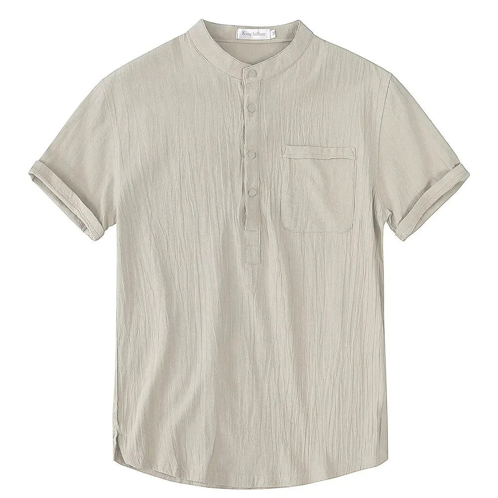 Men's breathable short sleeve band collar shirt in grey. Perfect for summer, smart casual look.