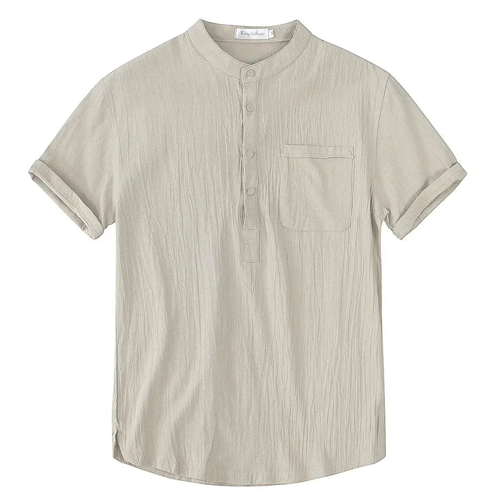 Men's breathable short sleeve band collar shirt in grey. Perfect for summer, smart casual look.