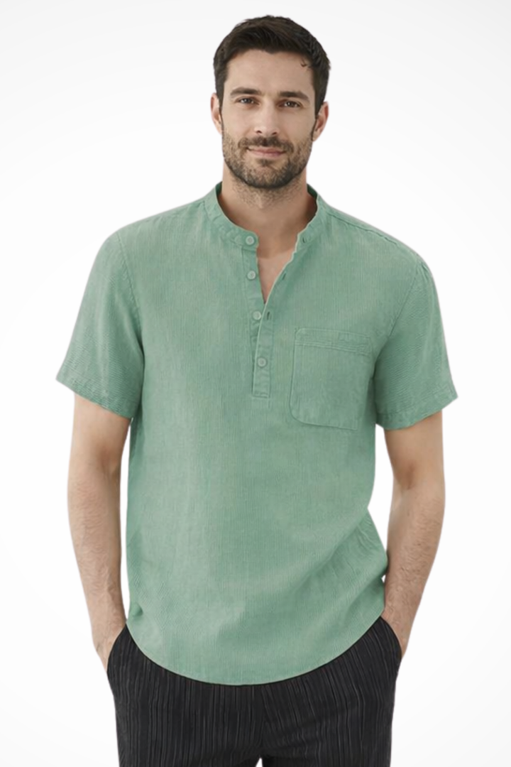 Stylish men's short sleeve button-down shirt with a band collar. Breathable fabric for summer fashion.