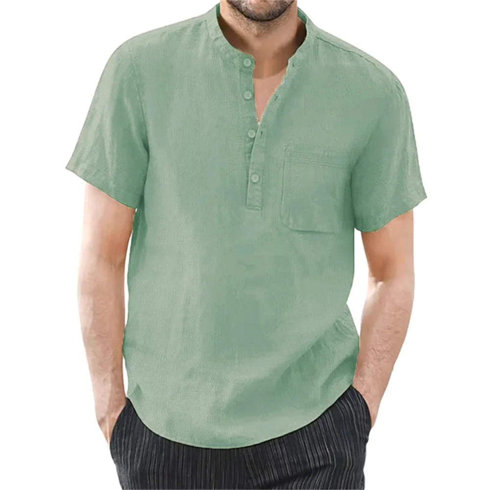 Modern men's band collar shirt in light grey. Comfortable and casual for warm weather occasions.